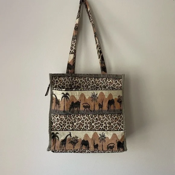 Vintage 80s Safari Animal Print tapestry tote bag vacation beach resort travel - Picture 5 of 12